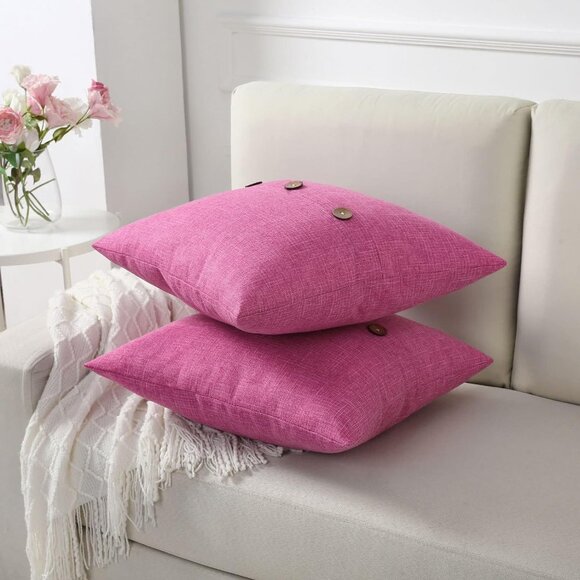 Pink Linen Throw Pillow Covers 18x18 2 Square with 3 Buttons Modern Farmhouse - Picture 5 of 6